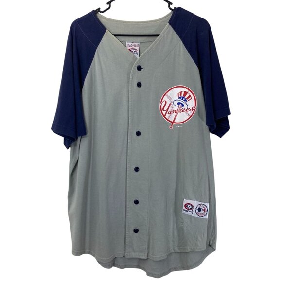 New York Yankees True Fan Baseball Jersey Large Gray & Navy Button-Up Cotton Ble - Picture 1 of 7